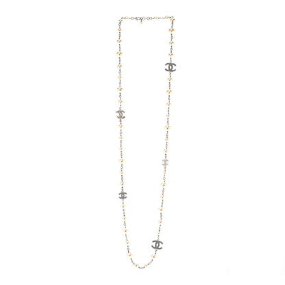 Chanel Graduated Pearl Crystal CC Long Necklace Silver 3 of 8