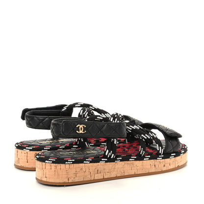 Chanel Cord Lambskin Quilted Logo Sandals 39 Black White 4 of 11