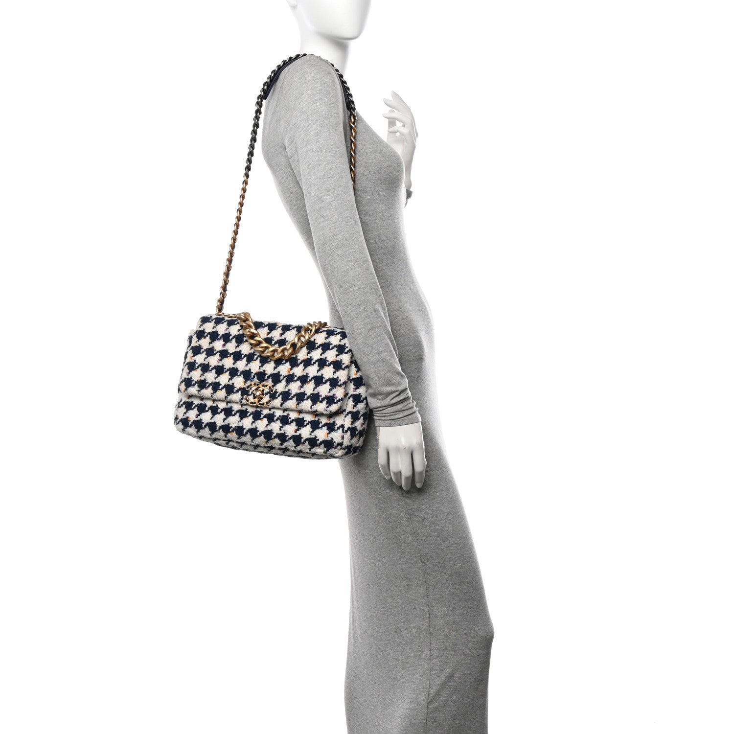 Chanel Tweed Quilted Large Chanel 19 Flap Ecru Navy Blue Multicolor 2 of 13