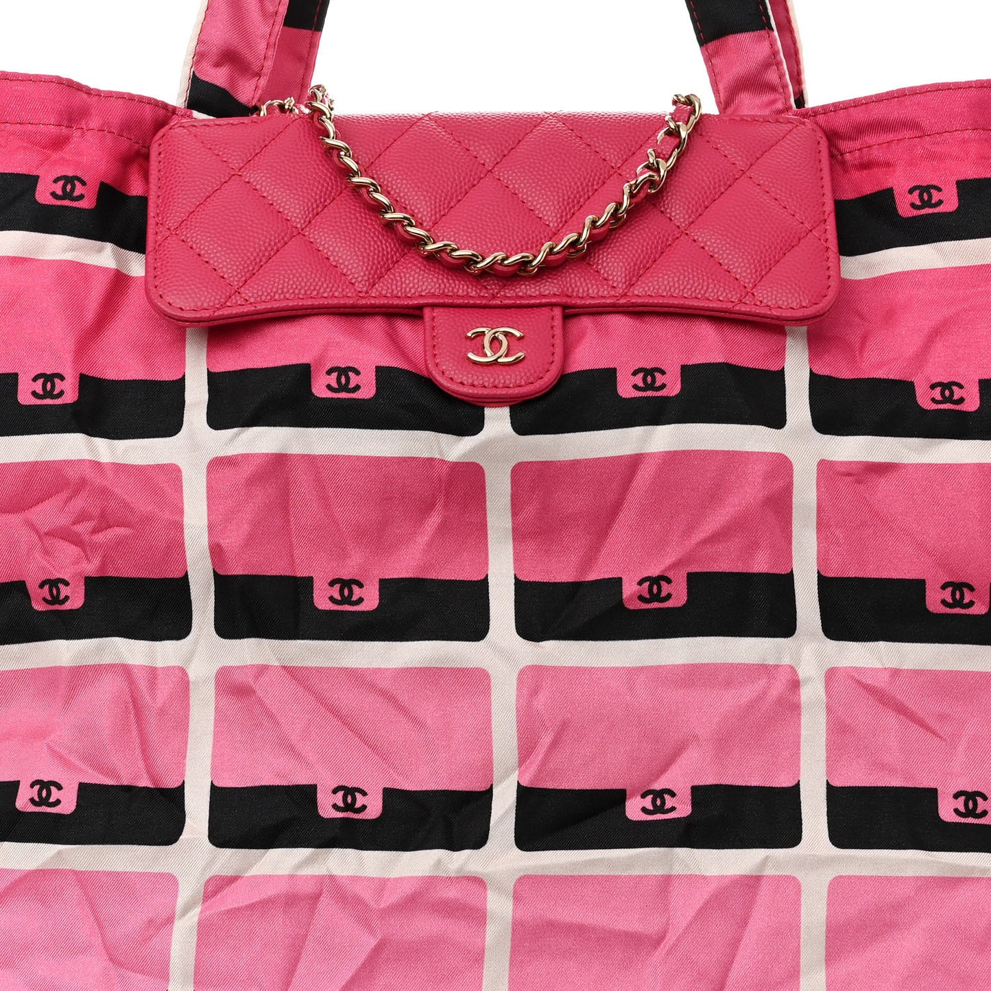 Caviar Fabric Quilted Foldable Tote With Chain Pink Multicolor