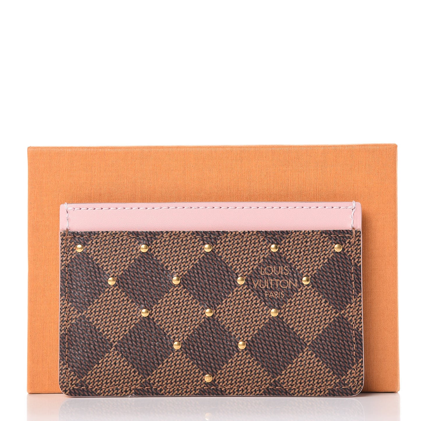 Damier Ebene Studded Card Holder Rose Ballerine