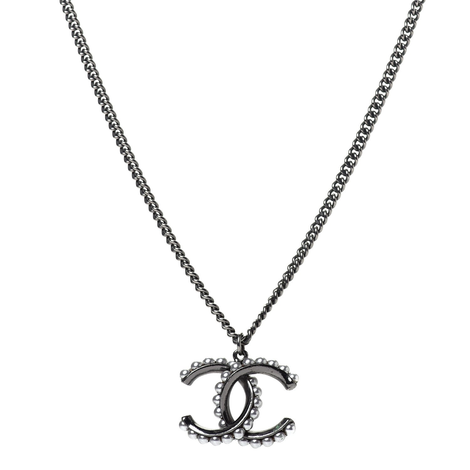 Chanel Pearl CC Pendant Necklace Silver 1 of 5