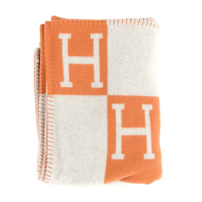 Hermes Wool Cashmere Signature Classic Avalon Blanket Ecru Potiron 1 of 3