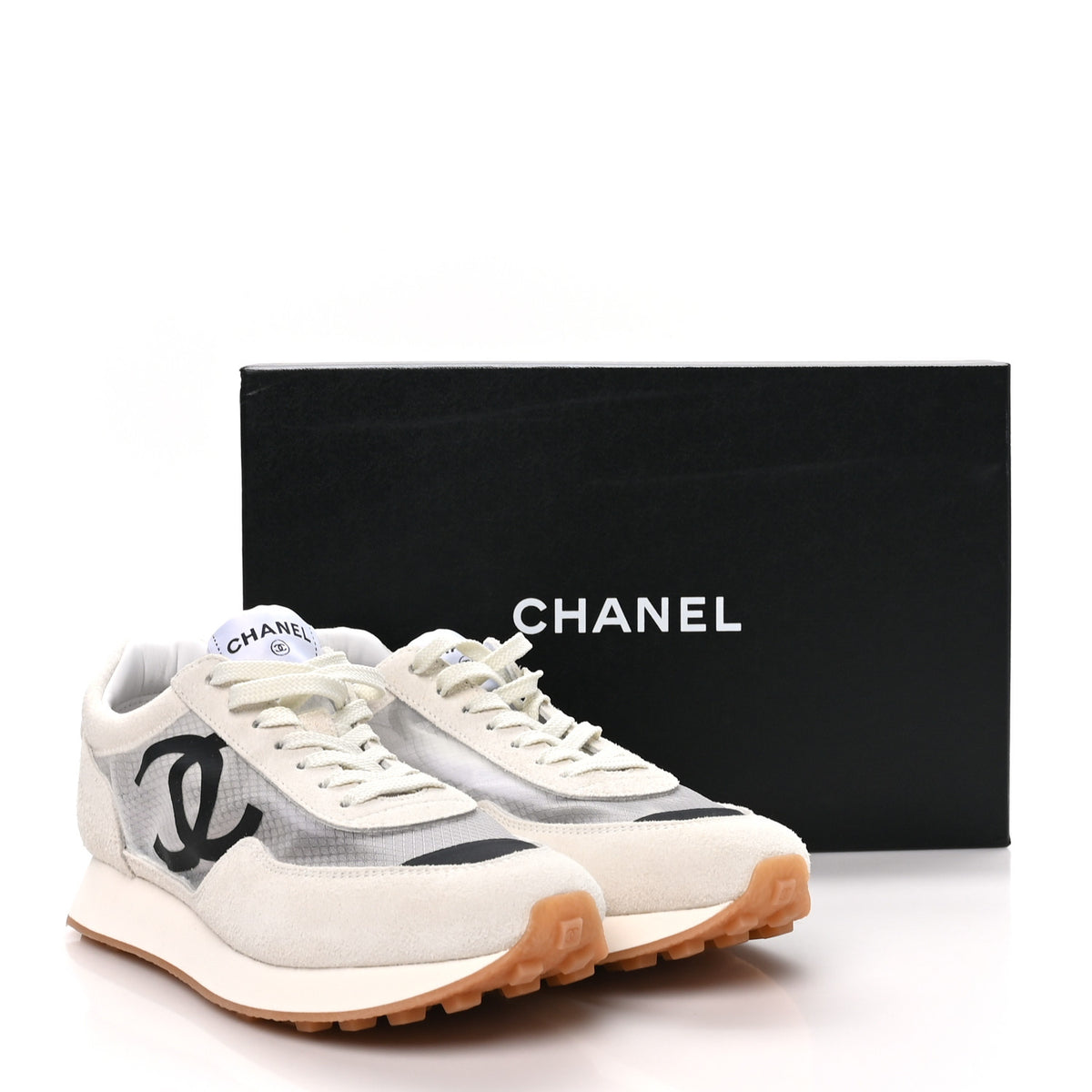 Chanel Mesh Suede Calfskin Womens CC Sneakers 39.5 White Black 8 of 8