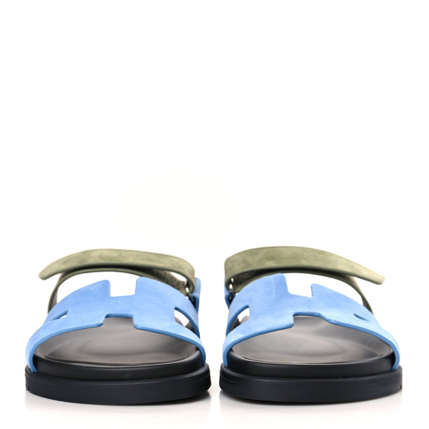 Hermes Suede Goatskin Womens Chypre Sandals 39 Bleu Cameo Vert 2 of 9