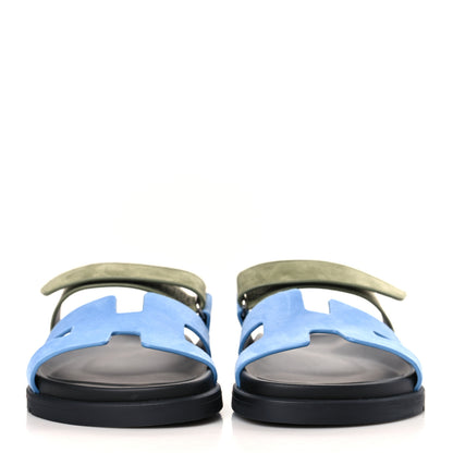 Hermes Suede Goatskin Womens Chypre Sandals 39 Bleu Cameo Vert 2 of 9