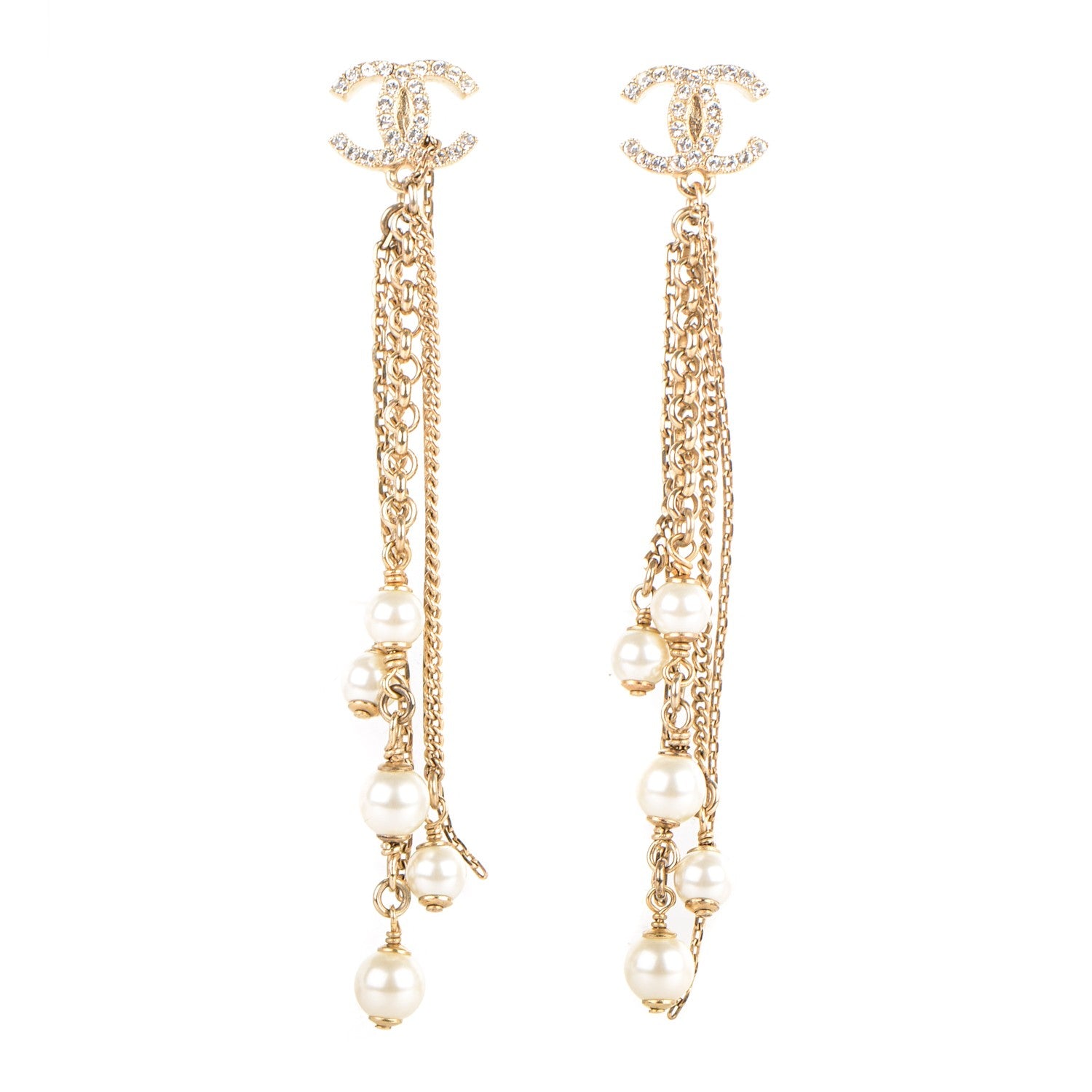 Chanel Crystal CC Pearl Dangle Earrings Gold 1 of 5