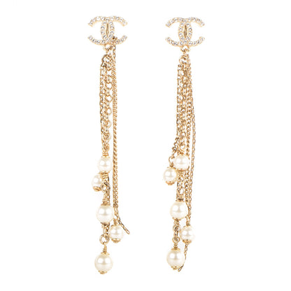 Chanel Crystal CC Pearl Dangle Earrings Gold 1 of 5