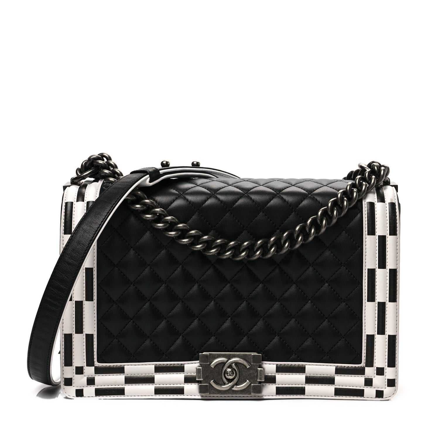 Calfskin Quilted Checkerboard Trim New Medium Boy Flap Black White