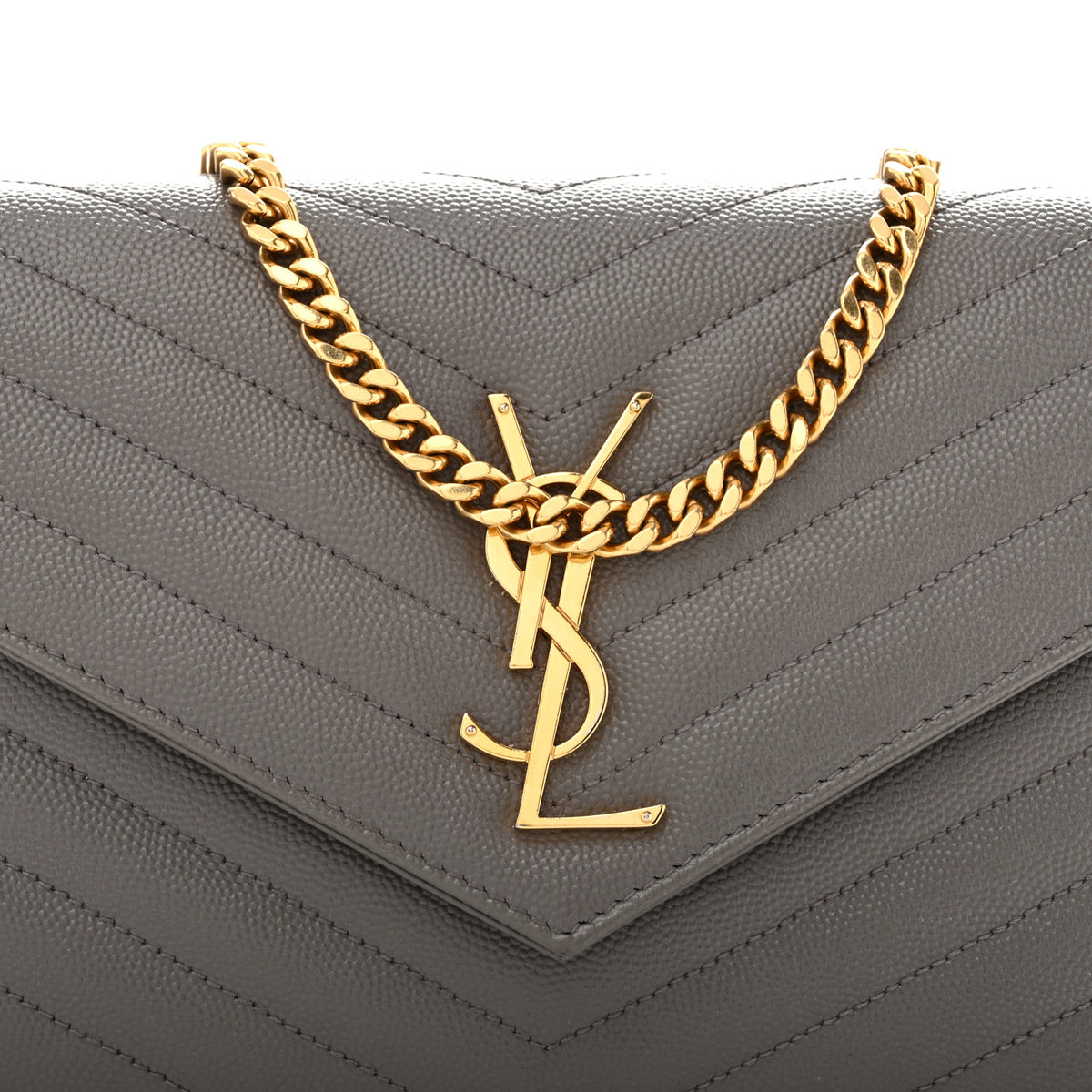 Saint Laurent Grain De Poudre Matelasse Chevron Monogram Chain Wallet Fog 9 of 14