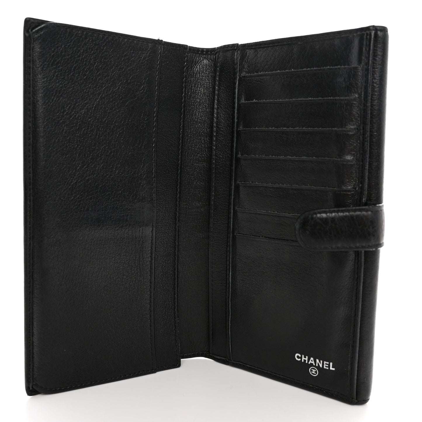 Goatskin Camellia Embossed Flap Wallet Black