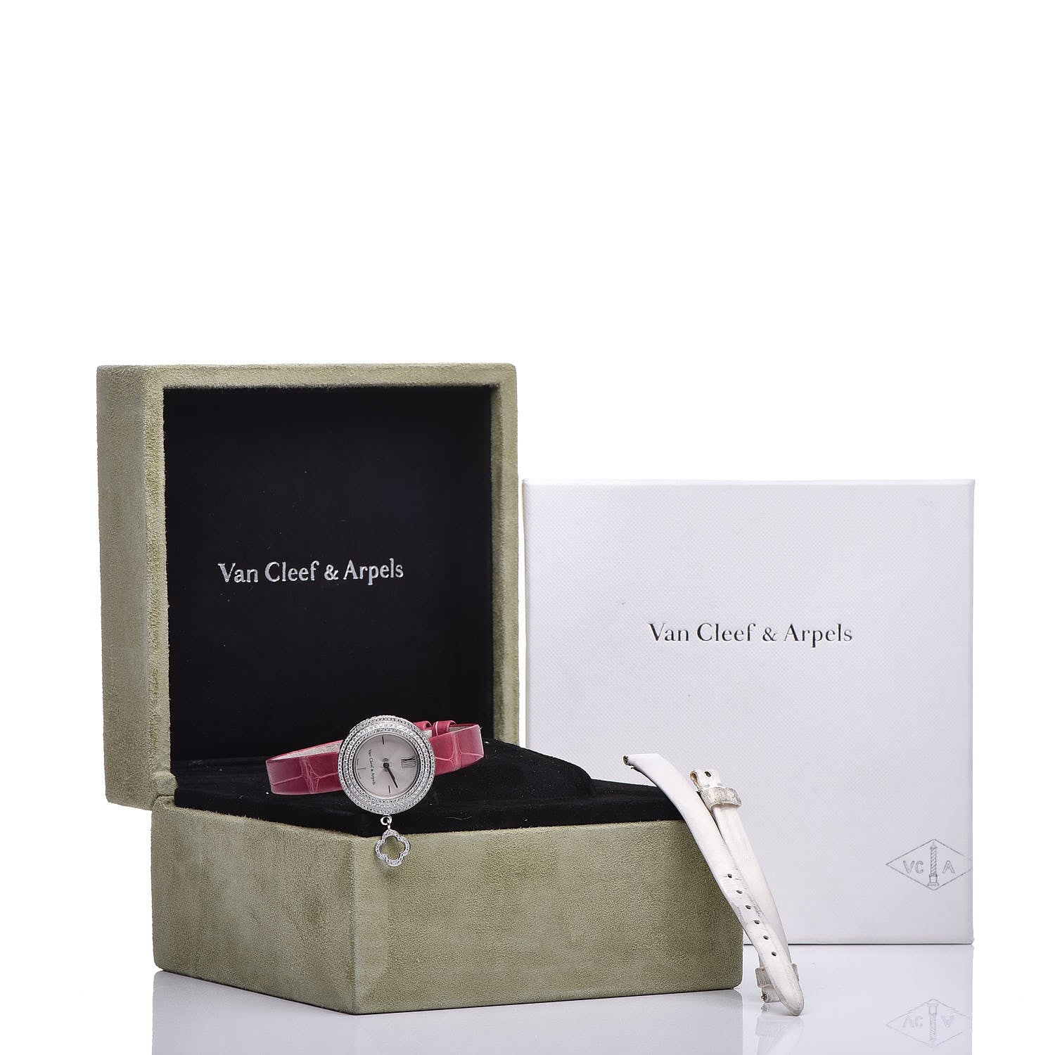 Van Cleef & Arpels 18K White Gold Alligator Diamond Bezel 25mm Charms Quartz Watch 7 of 7