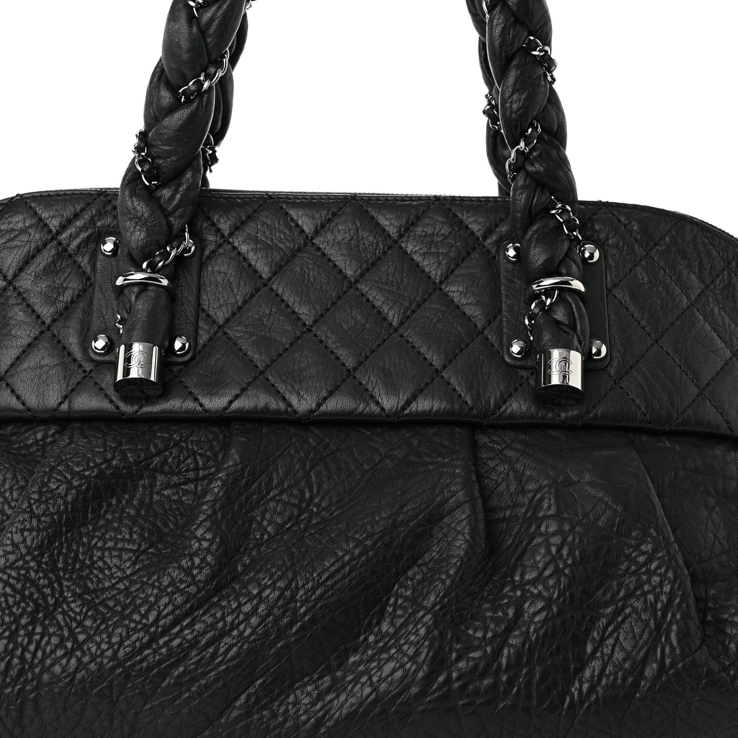 Distressed Lambskin Large Lady Braid Satchel Black