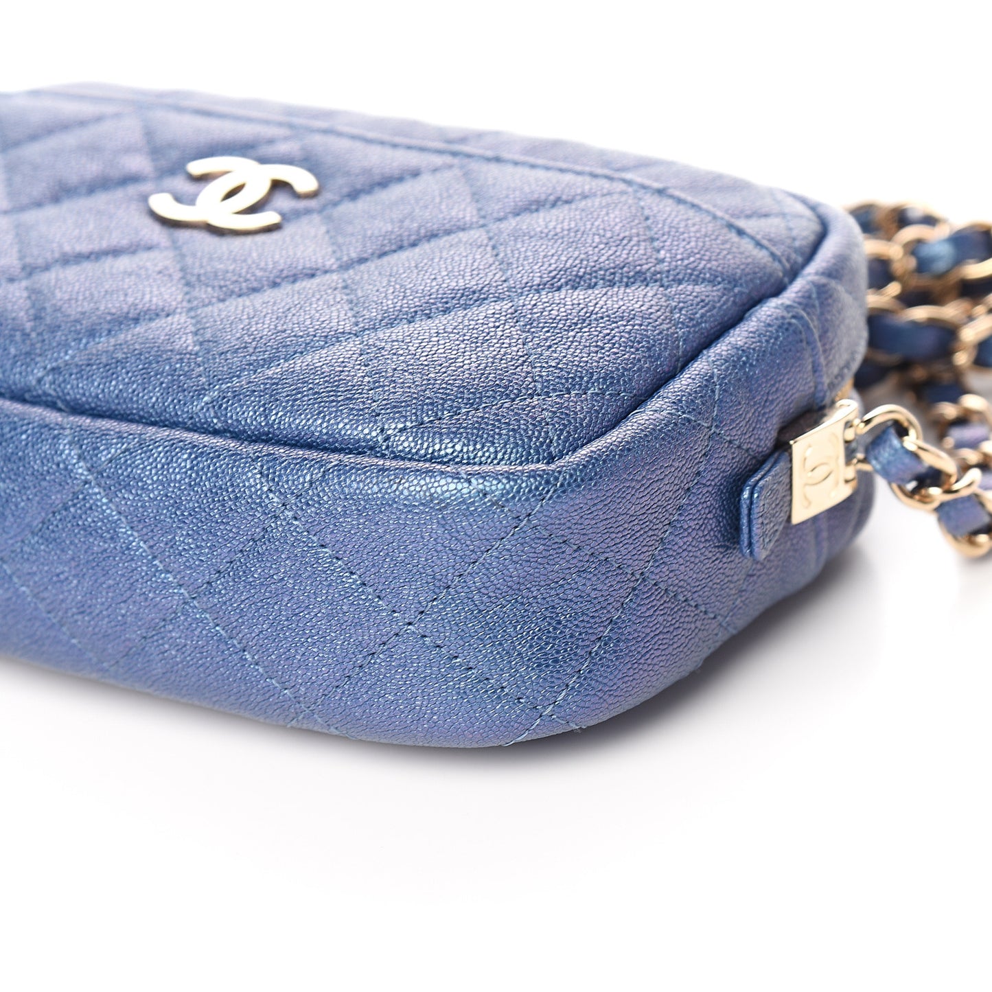 Iridescent Caviar Quilted Camera Case Blue