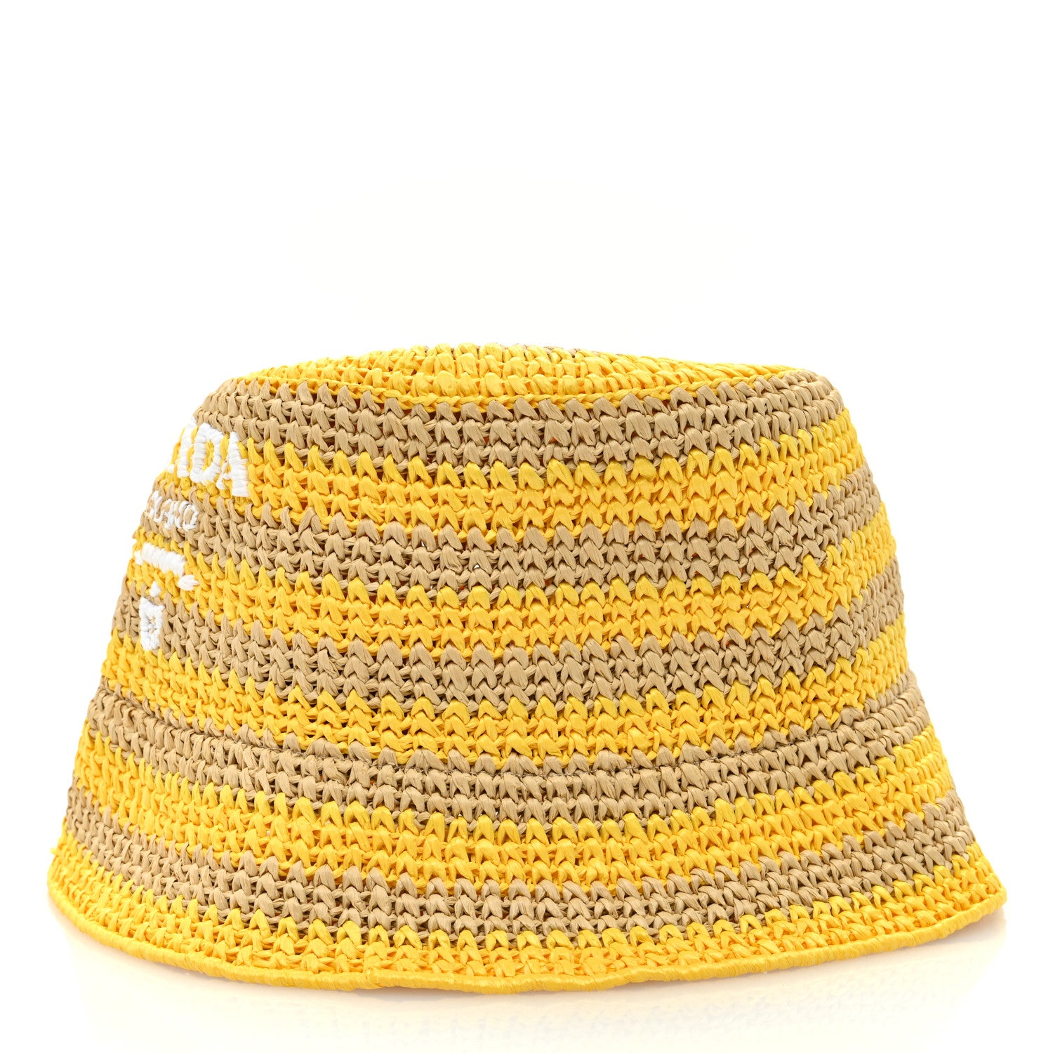 Prada Raffia Striped Logo Embroidered Womens Bucket Hat M Naturale Giallo 5 of 8
