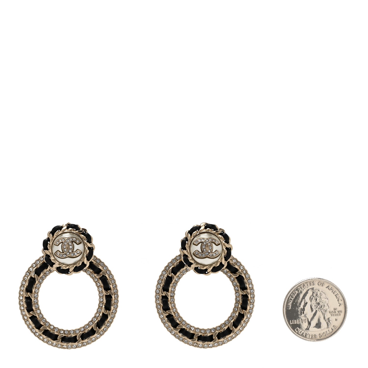 Chanel Lambskin Crystal Pearl CC Chain Hoop Drop Earrings Gold Black 2 of 4