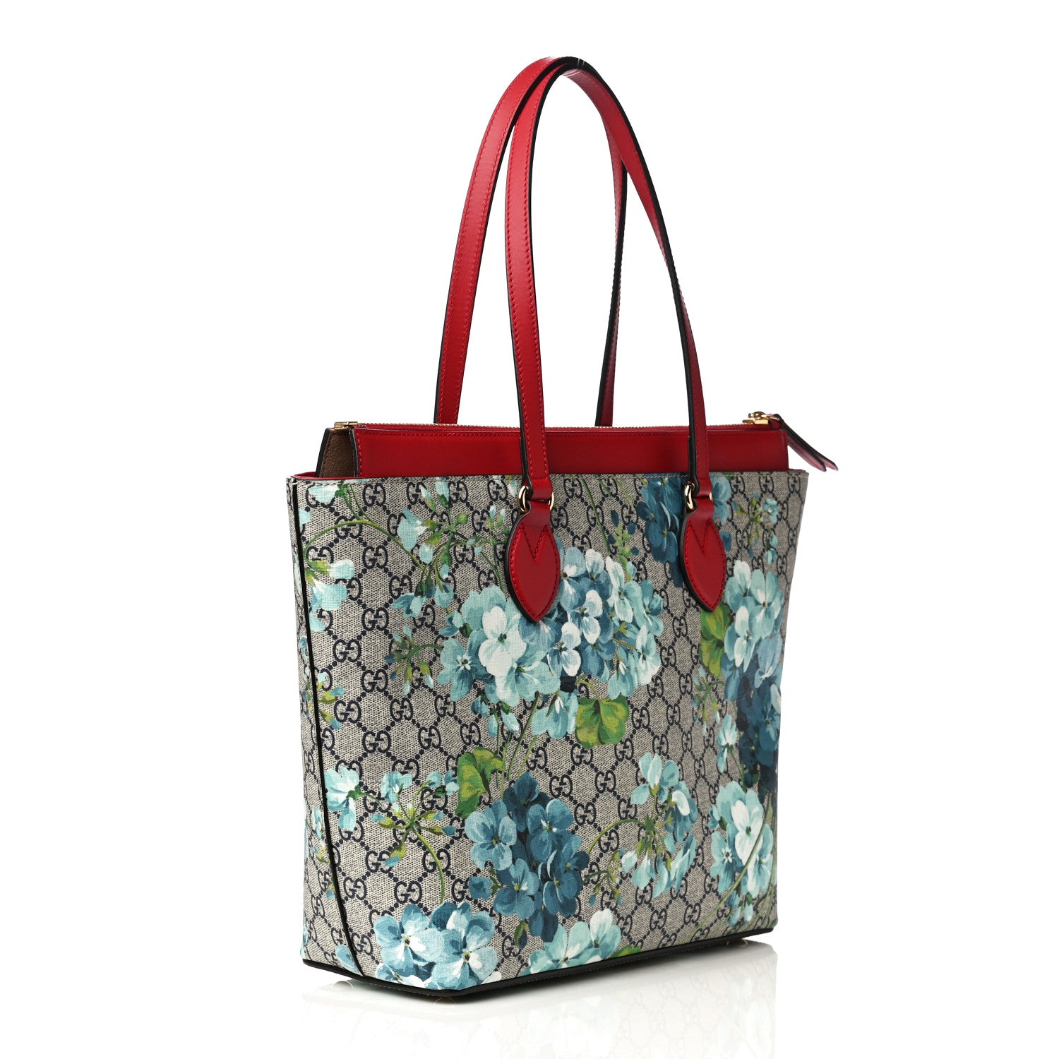 Gucci GG Supreme Monogram Blooms Medium Zippered Bucket Tote Beige Blue Navy Hibiscus Red 3 of 10