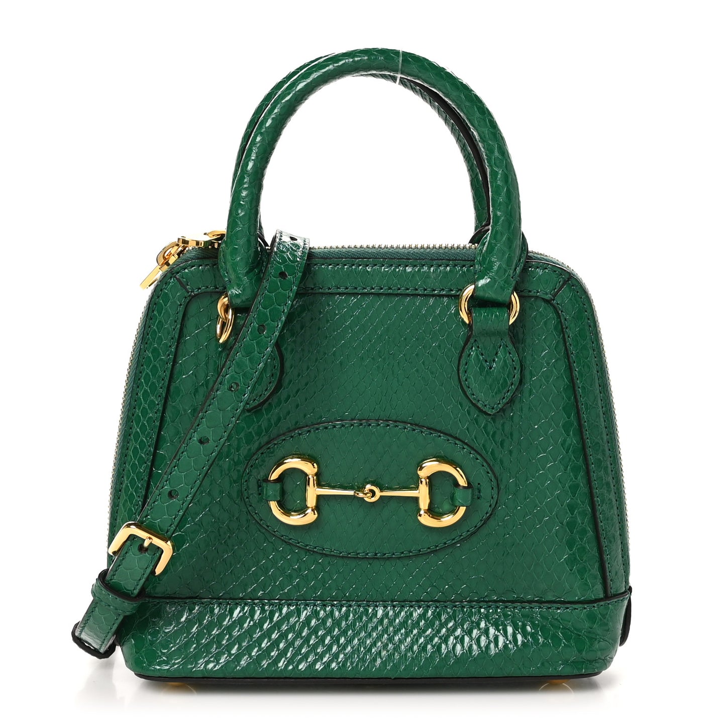 Shiny Snakeskin Mini Horsebit 1955 Top Handle Bag Emerald