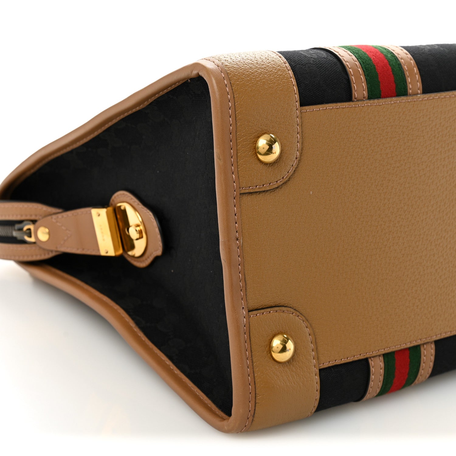 Gucci Monogram Textured Dollar Calfskin Web Large Bauletto Duffle Top Handle Bag Black Koi Beige 10 of 11