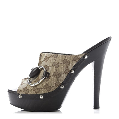Gucci Monogram Cellarius Soft Calfskin Icon Bit Platform Clog High Heel Slide Sandals 40.5 Beige Ebony Cocoa 1 of 10
