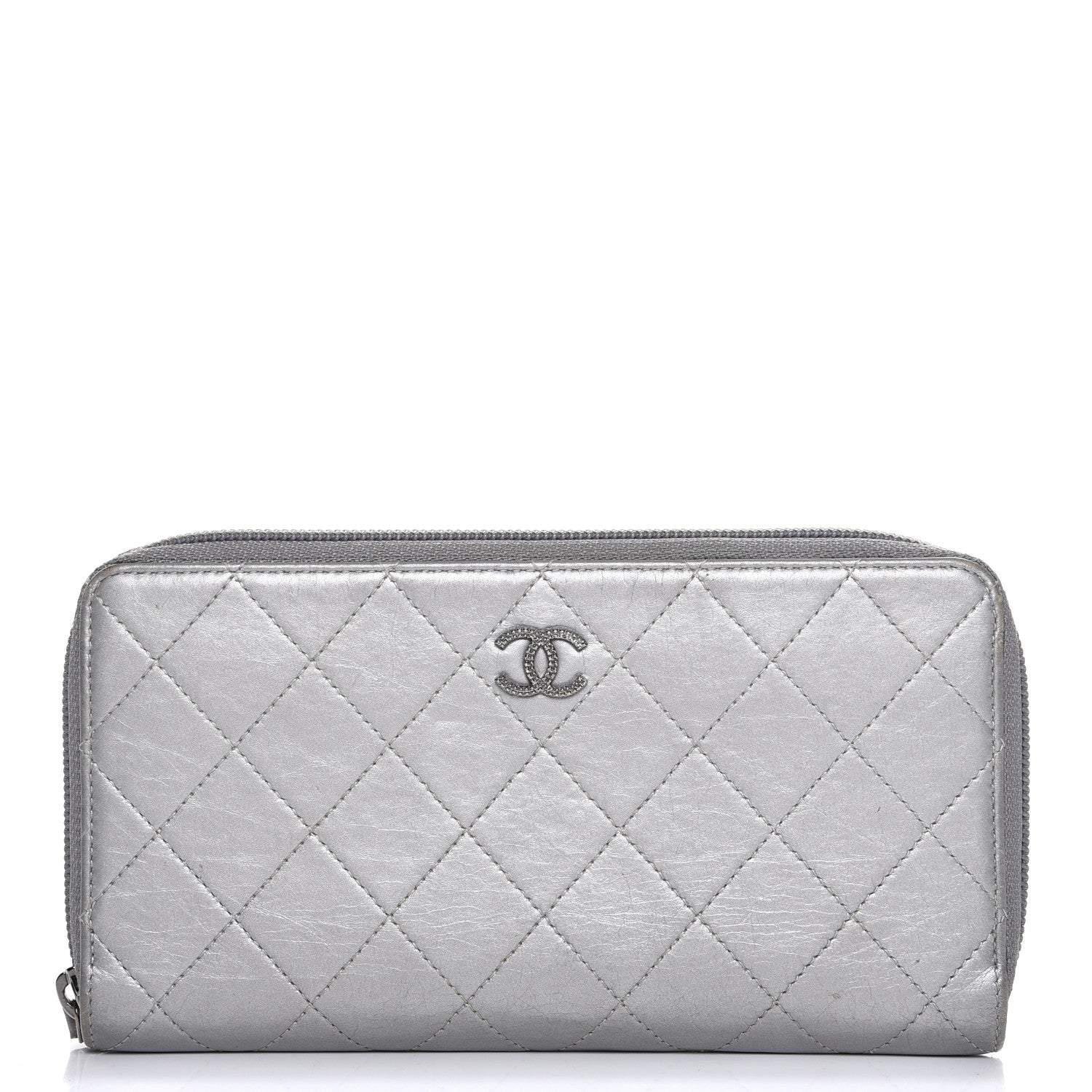 Chanel Calfskin Stitched Large Zip Around Wallet Silver 1 of 13