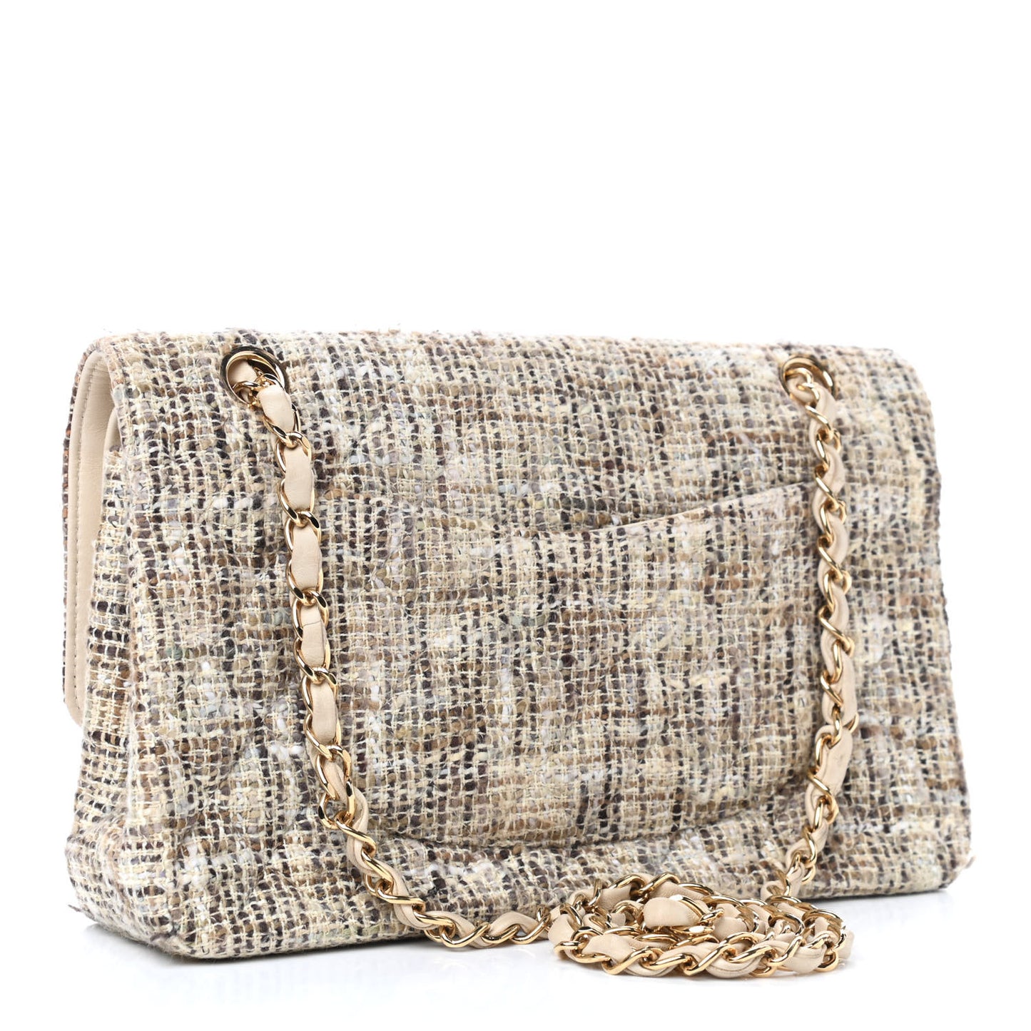 Tweed Quilted Medium Double Flap Beige Brown Multicolor