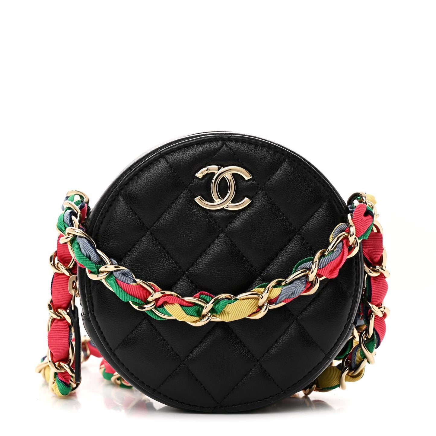 Shiny Lambskin Ribbon Quilted Round Clutch With Chain Black