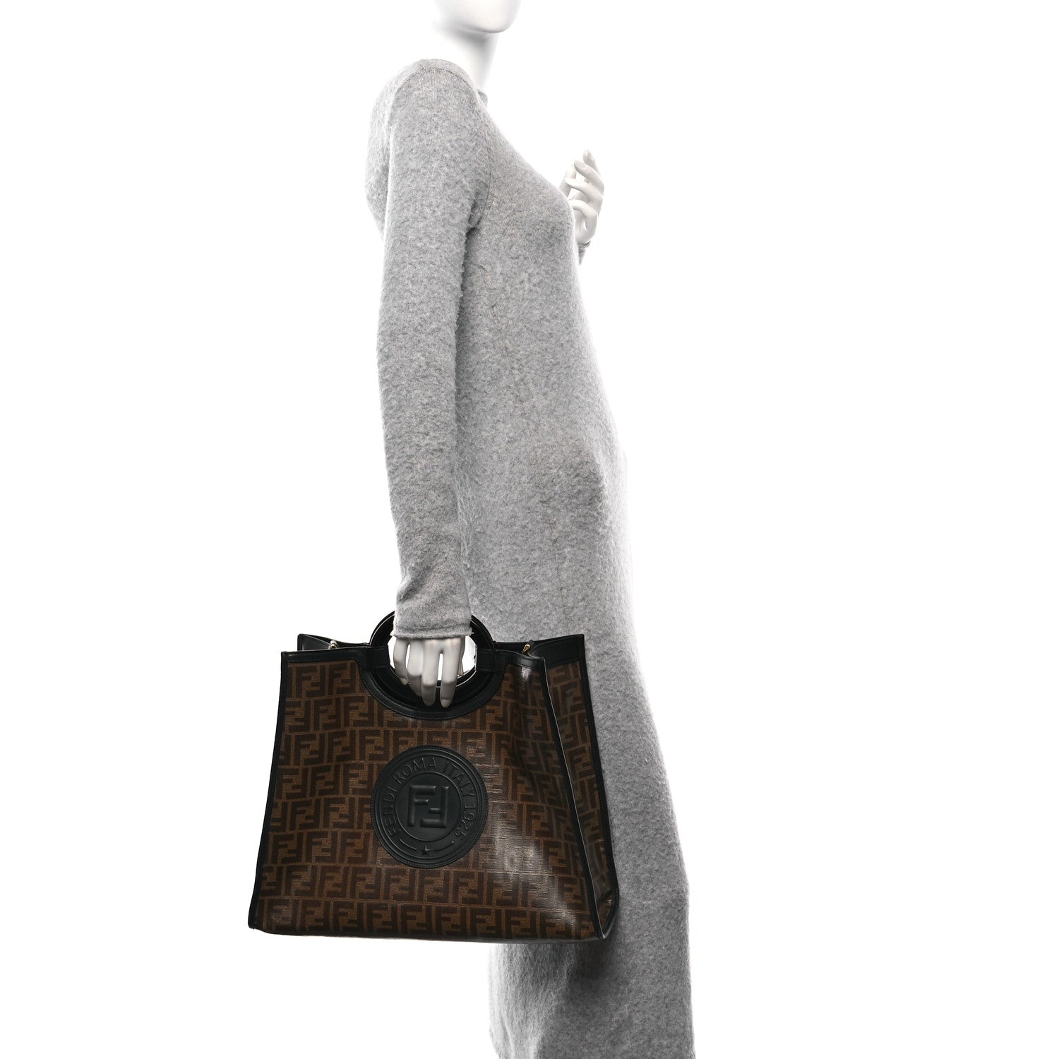 Fendi Glazed Fabric Vitello Century Plexiglass FF 1974 Stamp Patch Medium Runaway Shopper Tote Mogano Panna Black 2 of 14