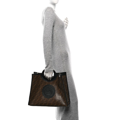 Fendi Glazed Fabric Vitello Century Plexiglass FF 1974 Stamp Patch Medium Runaway Shopper Tote Mogano Panna Black 2 of 14