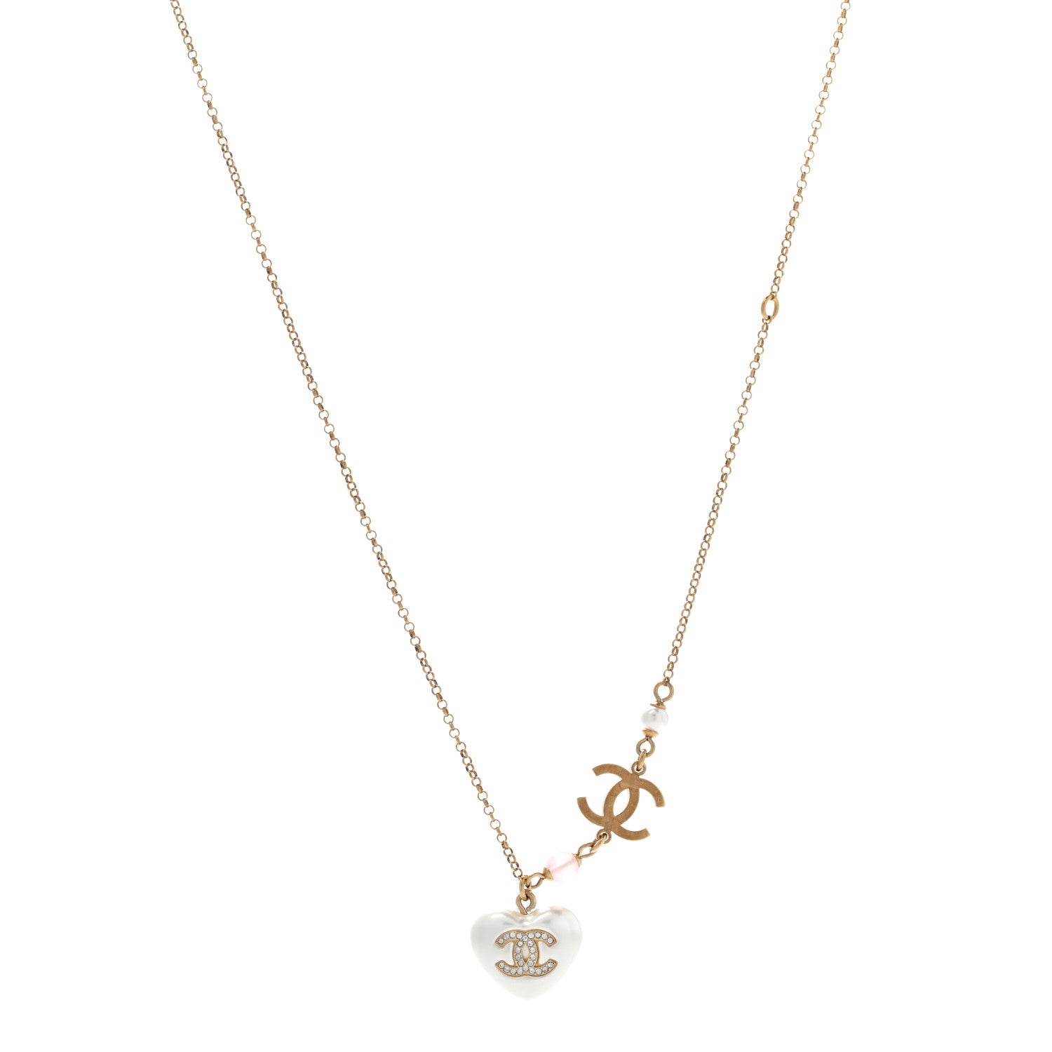 Chanel Resin Crystal CC Heart Necklace Pearly White Gold 1 of 7