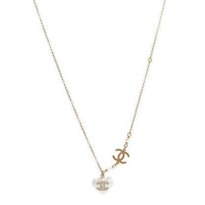 Chanel Resin Crystal CC Heart Necklace Pearly White Gold 1 of 7