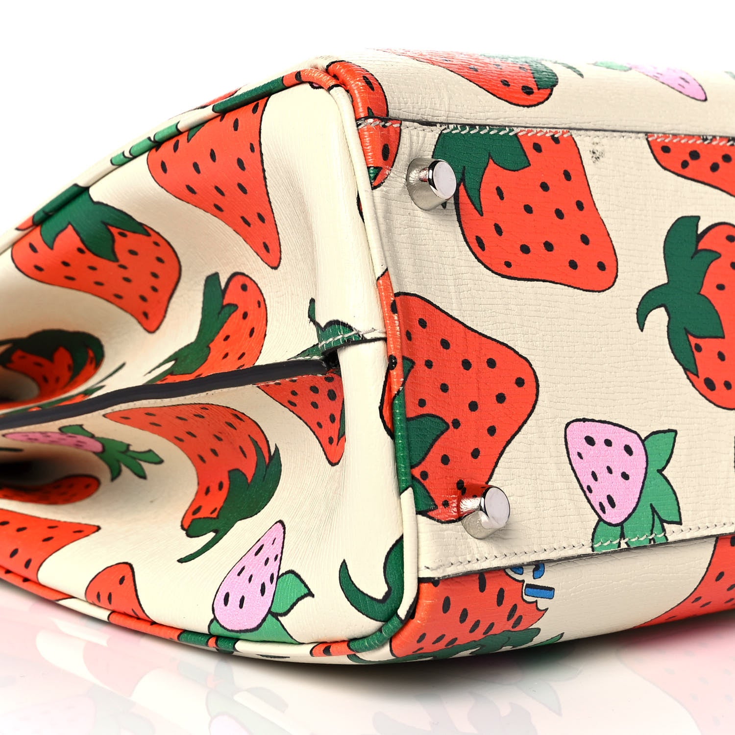 Gucci Calfskin Strawberry Print Medium Zumi Top Handle Bag Ivory Red 7 of 8