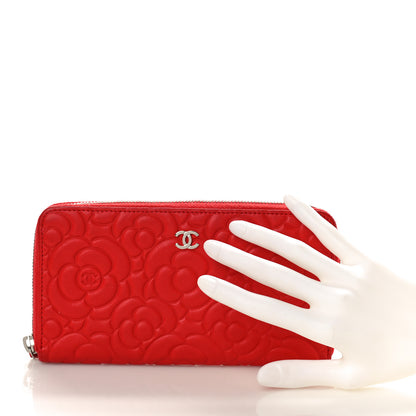 Chanel Lambskin Camellia Embossed Large Zip Around Gusset Wallet Red 2 of 9