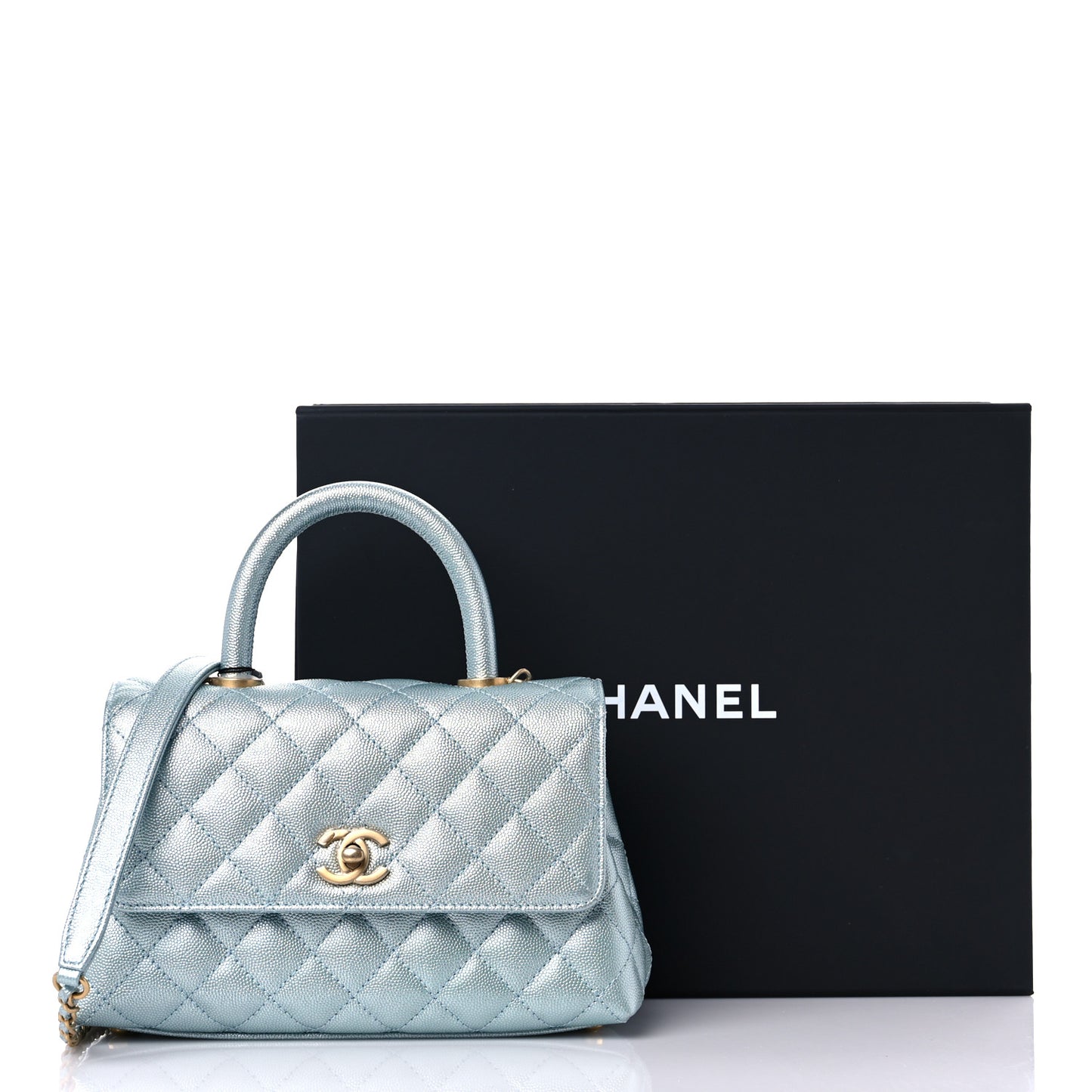 Metallic Caviar Quilted Mini Coco Handle Flap Light Blue
