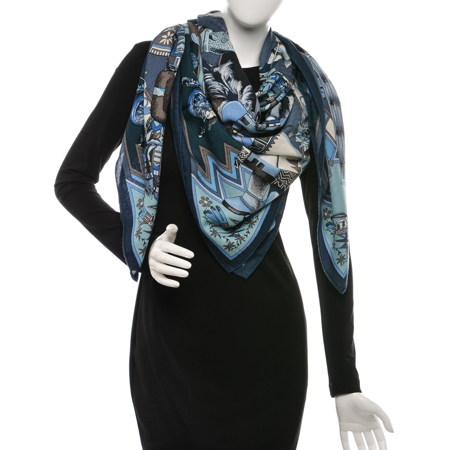 Hermes Cashmere Silk Kachinas Shawl 140 Marine Ciel Gris Bleuete 2 of 7