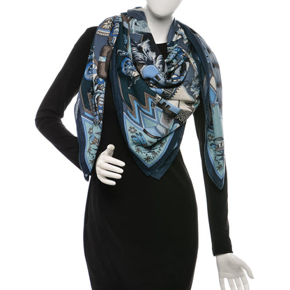 Hermes Cashmere Silk Kachinas Shawl 140 Marine Ciel Gris Bleuete 2 of 7