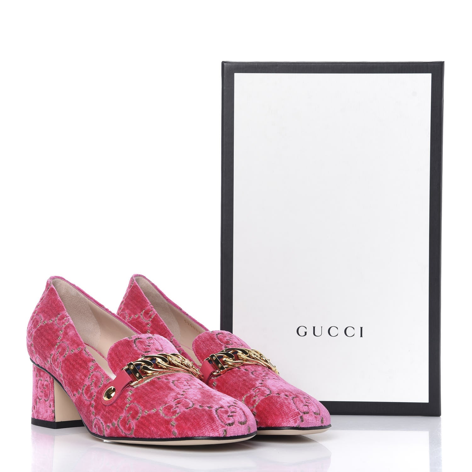 Gucci Velvet GG Monogram Sylvie Web Chain Mid Heel Loafers 40 Bright Pink 9 of 9
