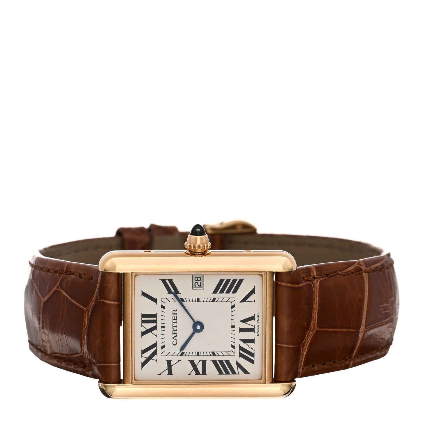 18K Yellow Gold Alligator 26mm Tank Louis Quartz Watch Brown