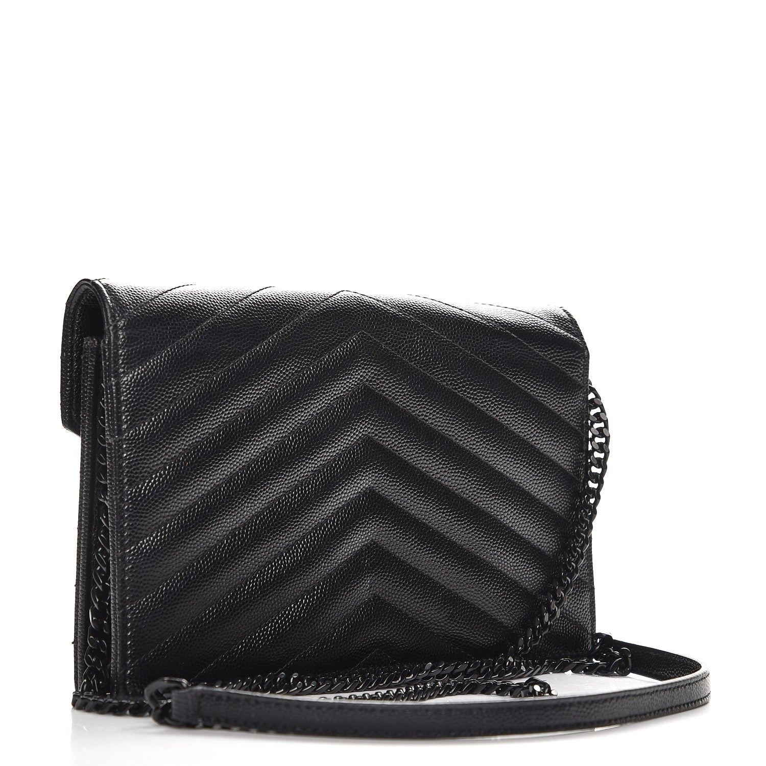 Saint Laurent Grain De Poudre Matelasse Chevron Monogram Envelope Chain Wallet Black 3 of 7