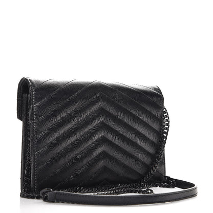 Saint Laurent Grain De Poudre Matelasse Chevron Monogram Envelope Chain Wallet Black 3 of 7