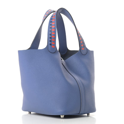 Hermes Epsom Tressage De Cuir Picotin Lock 18 PM Bleu Brighton Capucine Bleu Saphir 3 of 17