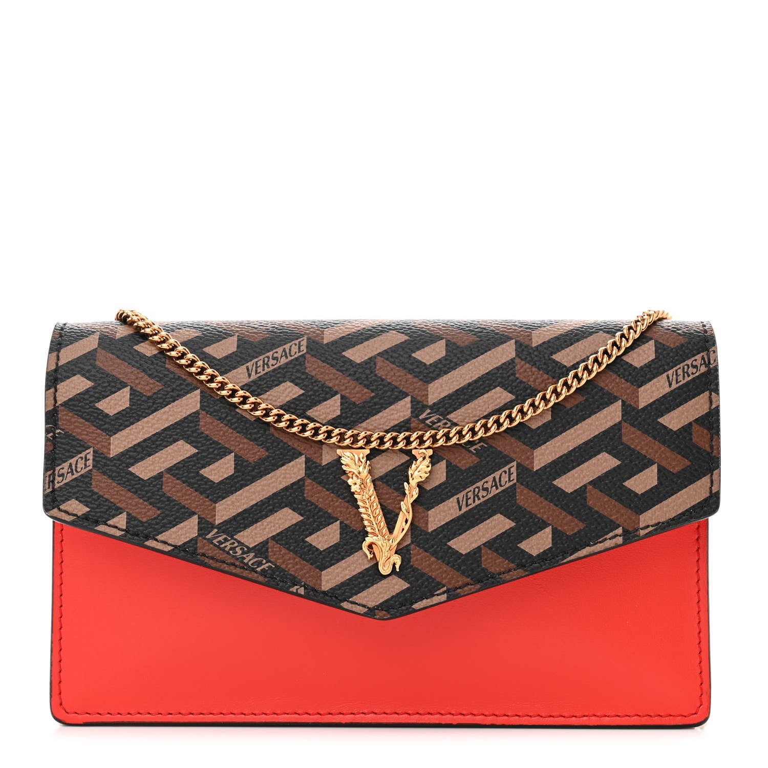 Versace Coated Canvas Virtus V La Greca Signature Wallet On Chain Red Caramel 1 of 9