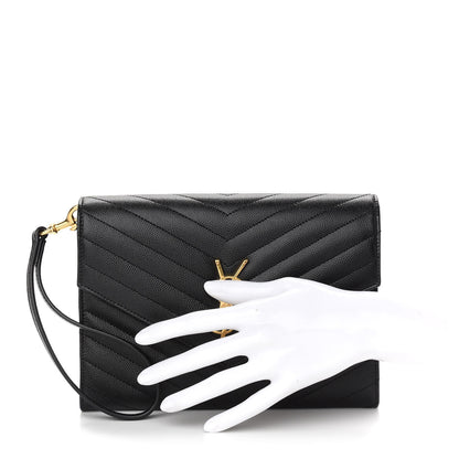 Saint Laurent Grain De Poudre Matelasse Chevron Monogram Envelope Clutch Black 2 of 9