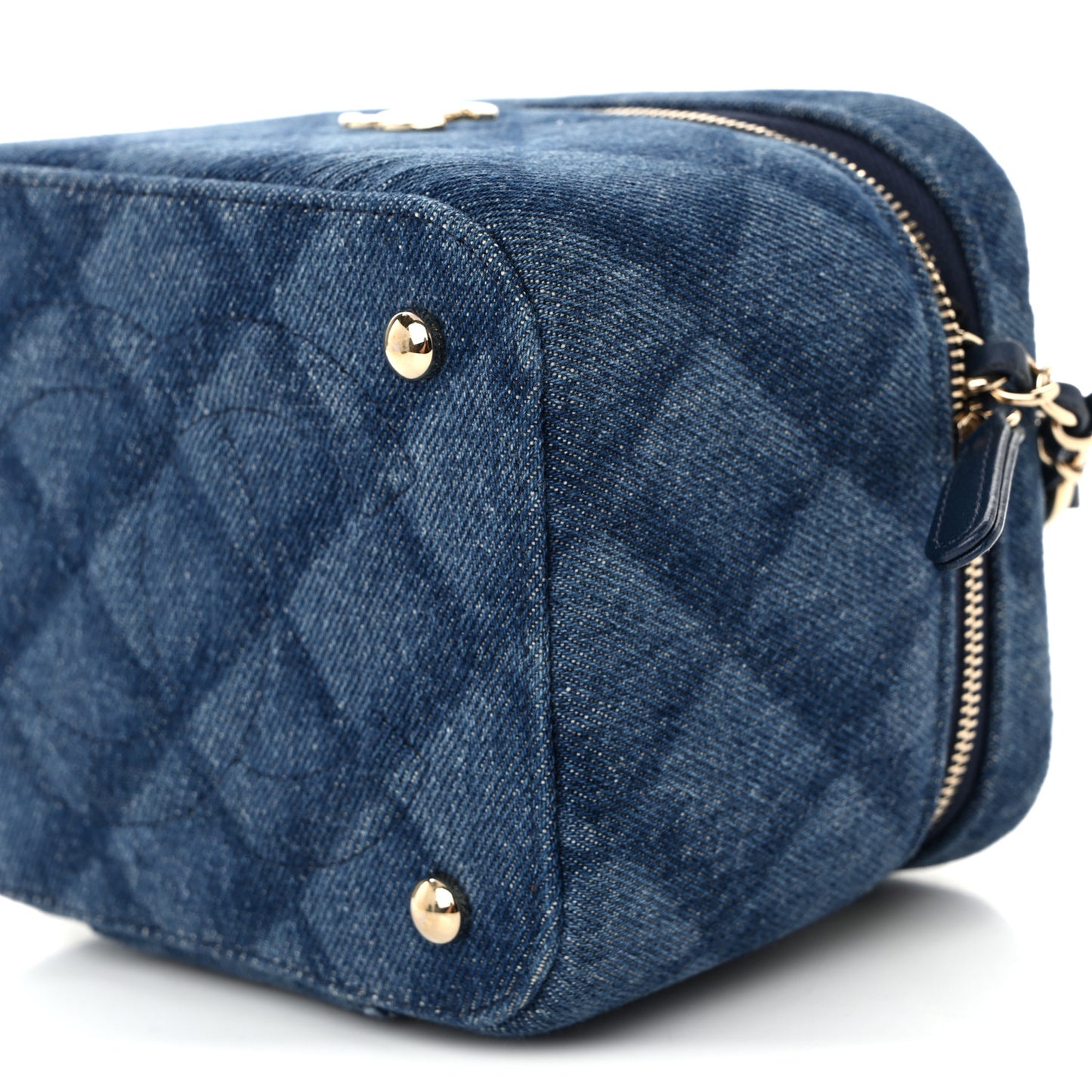 Printed Denim Quilted Mini Top Handle Vanity Case With Chain Dark Blue