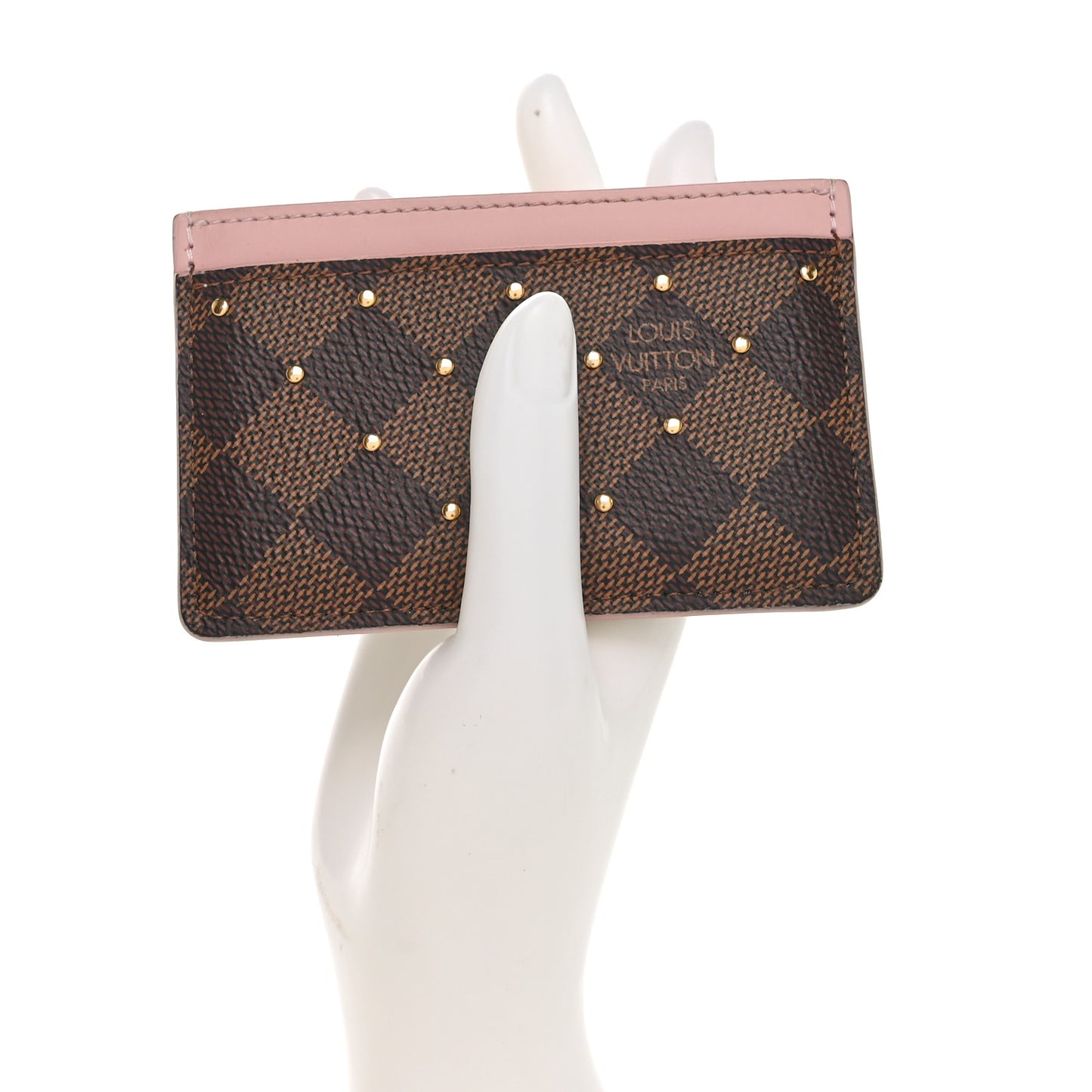 Damier Ebene Studded Card Holder Rose Ballerine