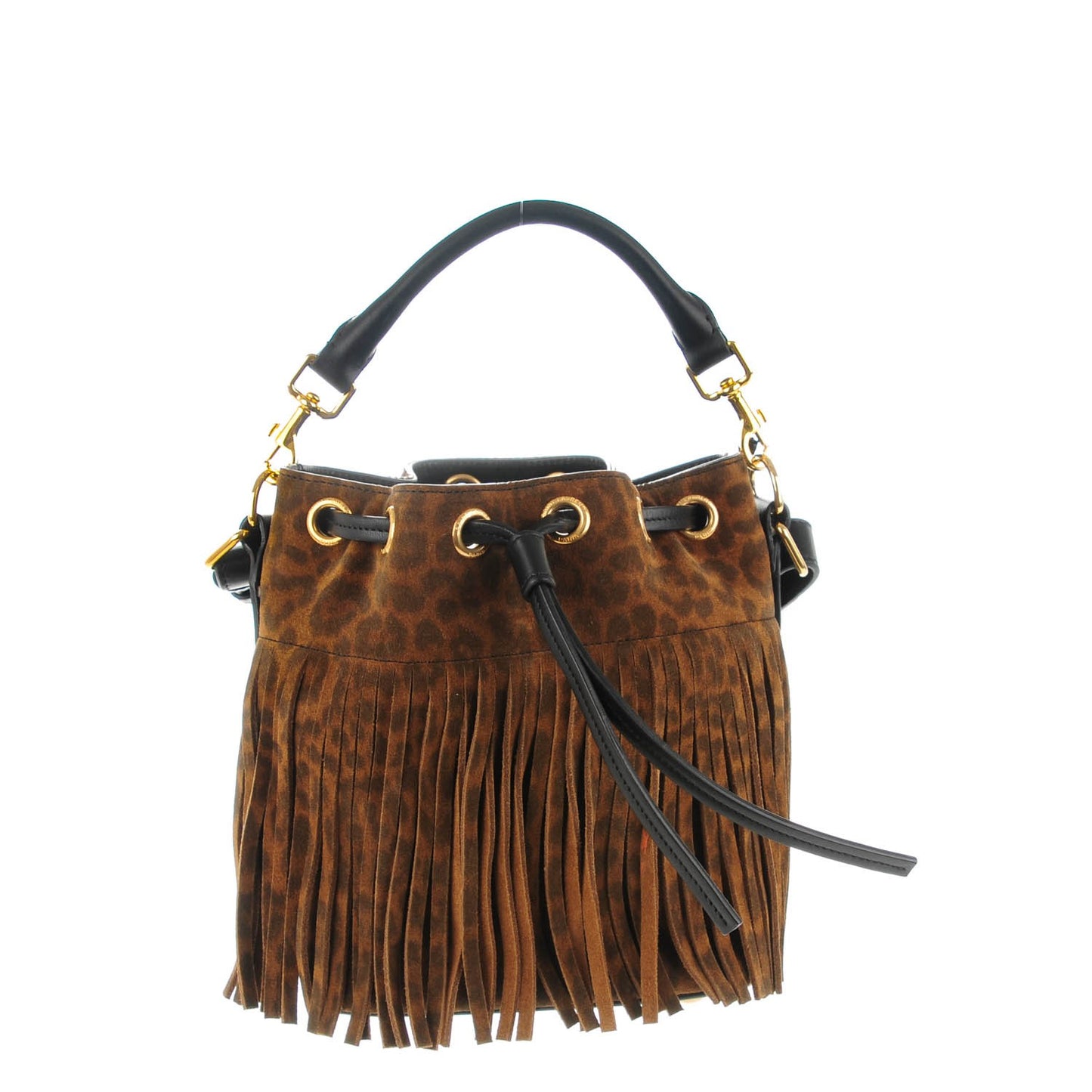 Suede Leopard Small Emmanuelle Fringe Bucket Bag Tan Black