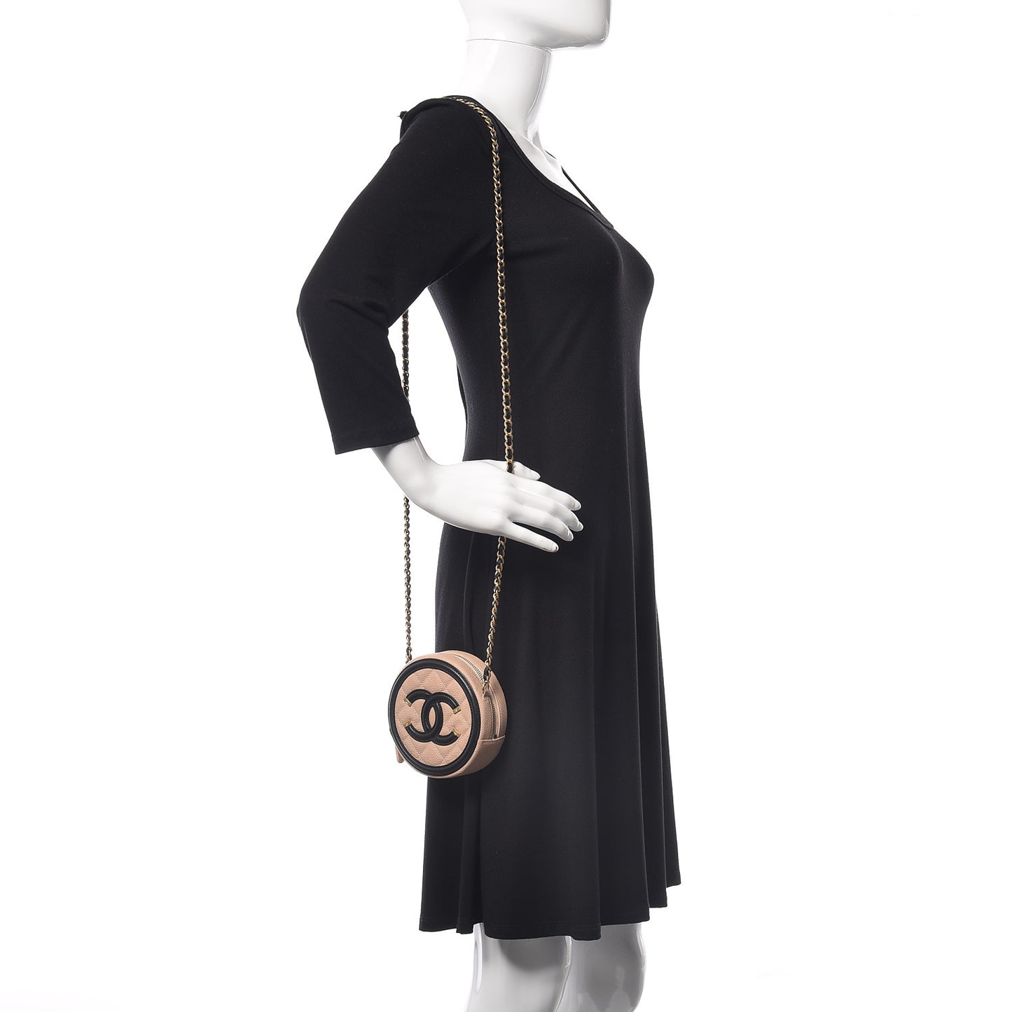 Caviar Quilted Round Filigree Crossbody Beige Black
