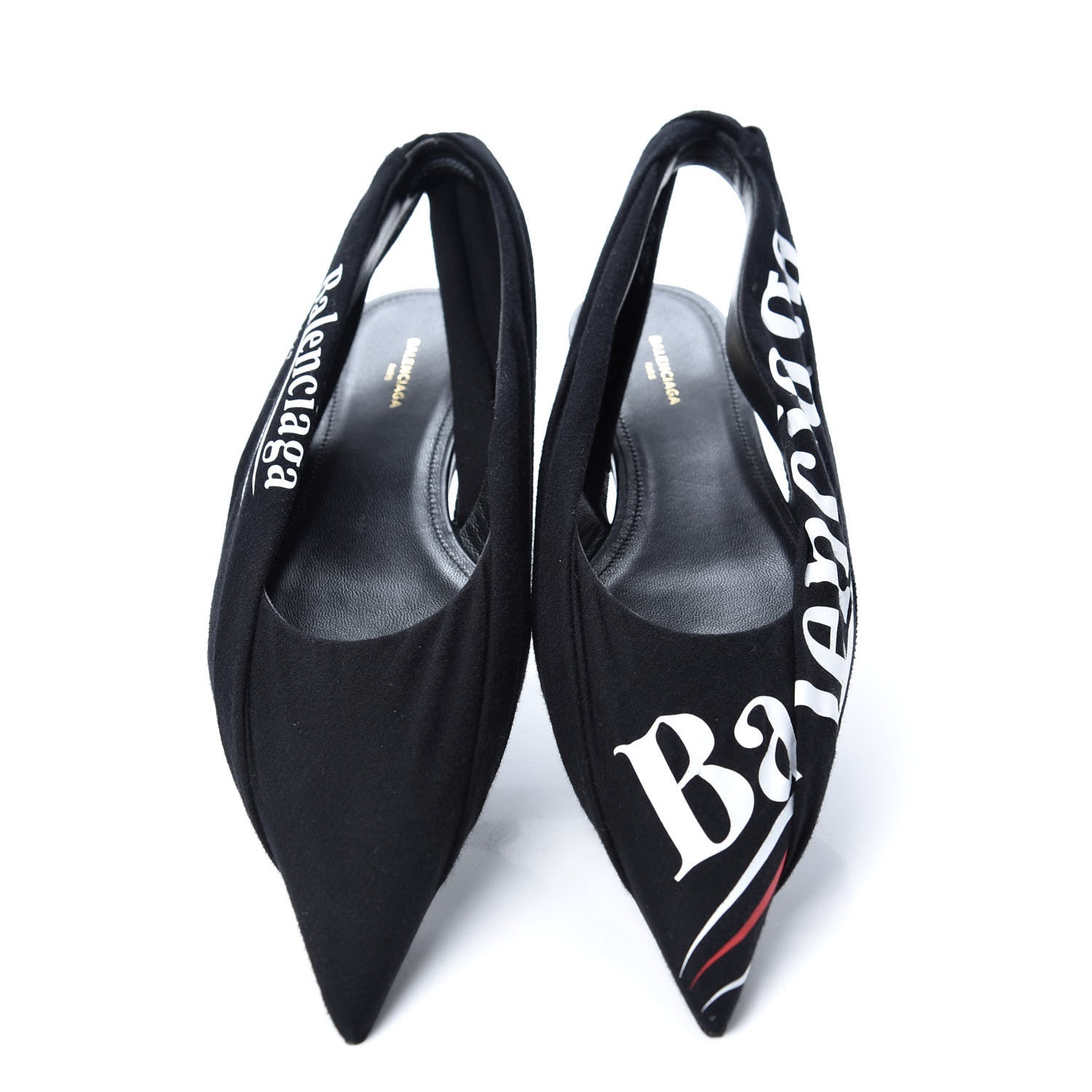 Balenciaga Jersey Crepe Political Campaign Logo Knife Pointed Slingback Flats 38 Black White Rouge 6 of 10