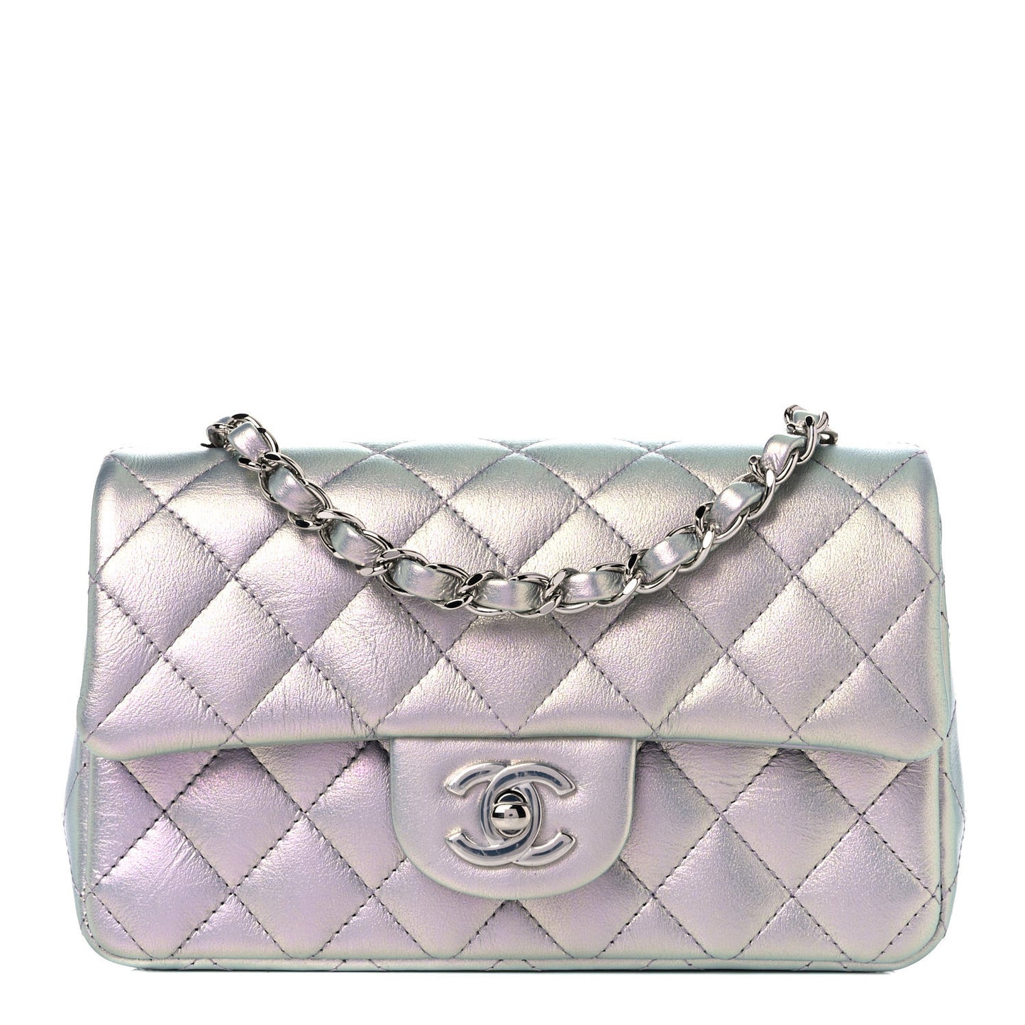 Iridescent Calfskin Quilted Mini Rectangular Flap Light Purple