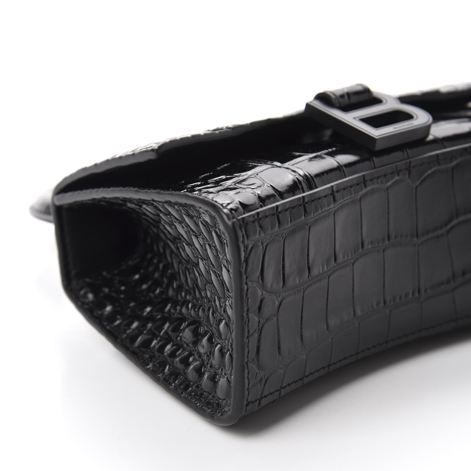 Balenciaga Shiny Calfskin Monochrome Crocodile Embossed Hourglass Top Handle Bag XS Black 6 of 9